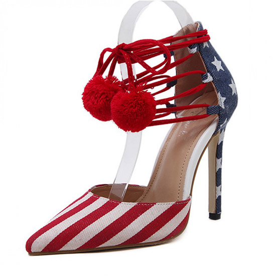 Red Blue USA Flags Point Head Ankle Pom Stiletto High Heels Shoes (1)
