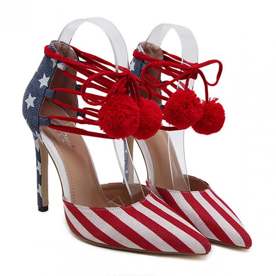 Red Blue USA Flag Point Head Ankle Pom Stiletto High Heels Shoes (4)
